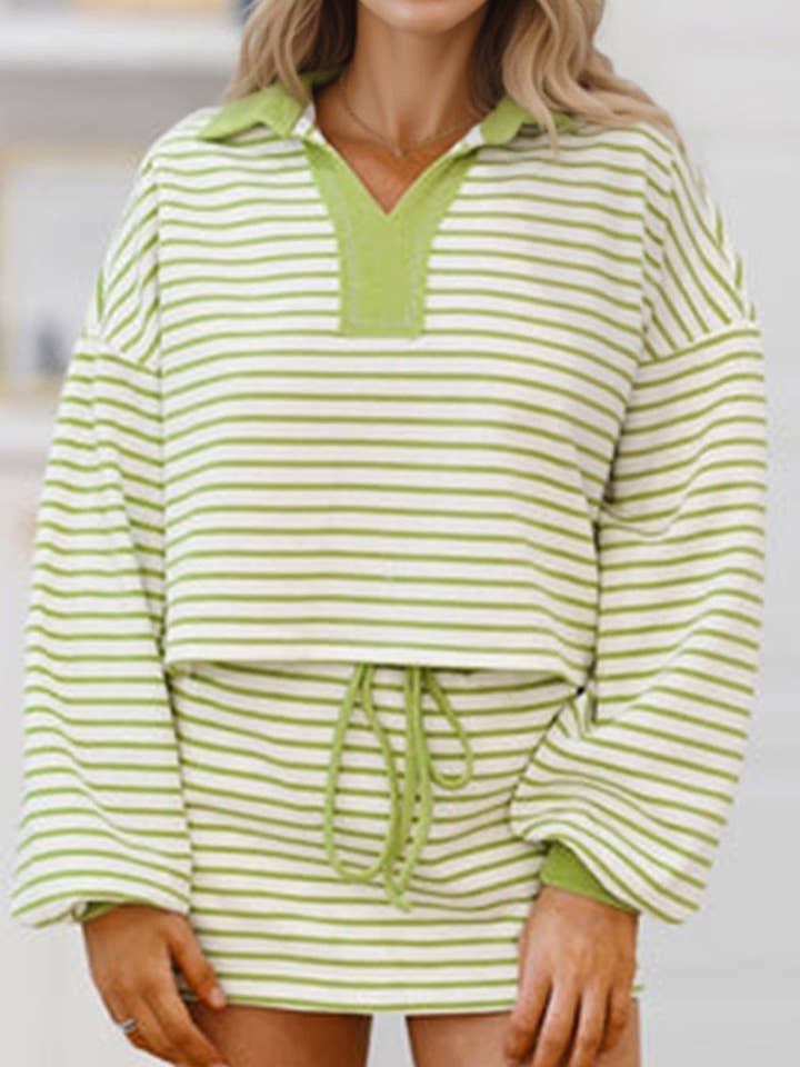 Green Stripe Collared V Neck Drop Shoulder Pullover and Skort 2pcs Outfit for wholesale by Sweet Lover Fashion