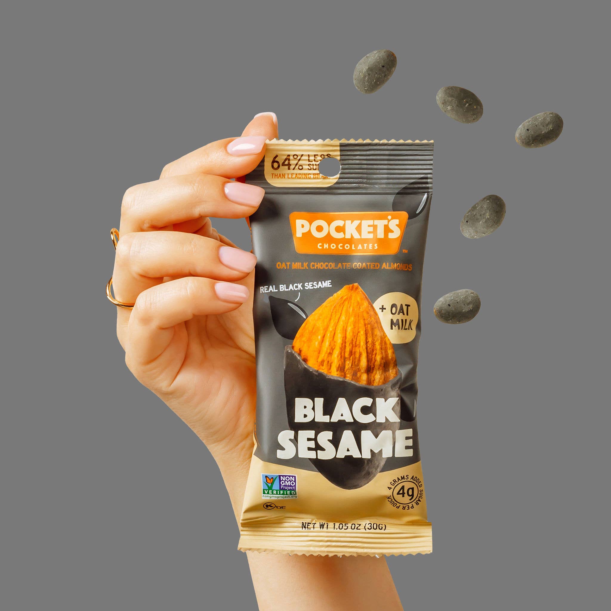 Pocket's Chocolates (Formerly Pocket Latte) - Wholesale Chocolate Covered Sweets - Black Sesame Chocolate Almonds, 1.05 oz Single Serve Packs