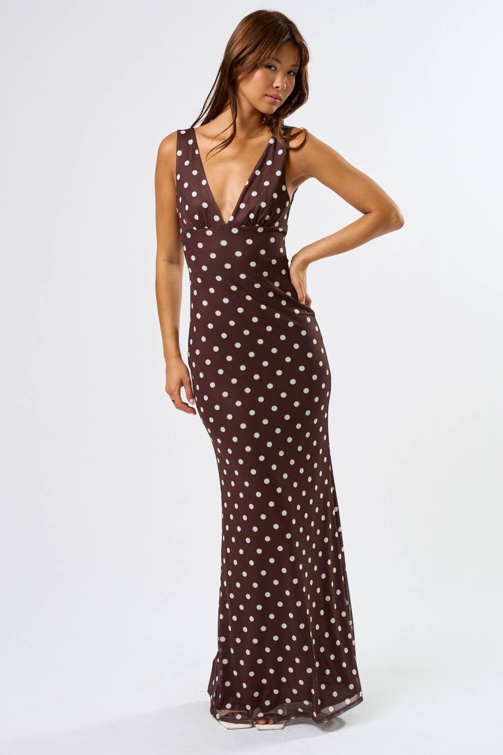 Blue Blush - Wholesale Dress - Women's - Chic Mesh Polka Dot Maxi Dress0