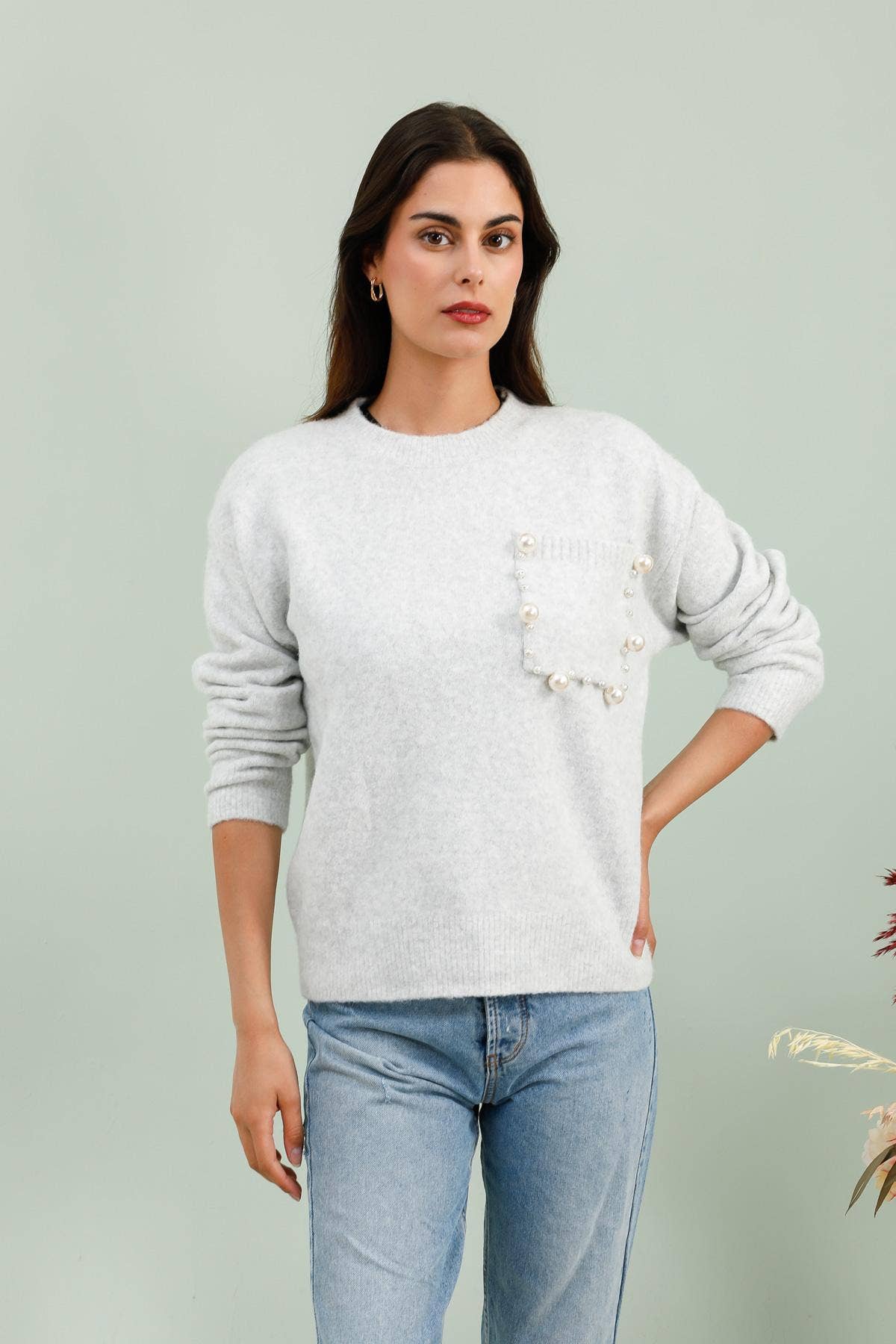 MOOYA – wholesale Knitted jumper – Women′s – Plain knit sweater with pearl pocket SCF0166