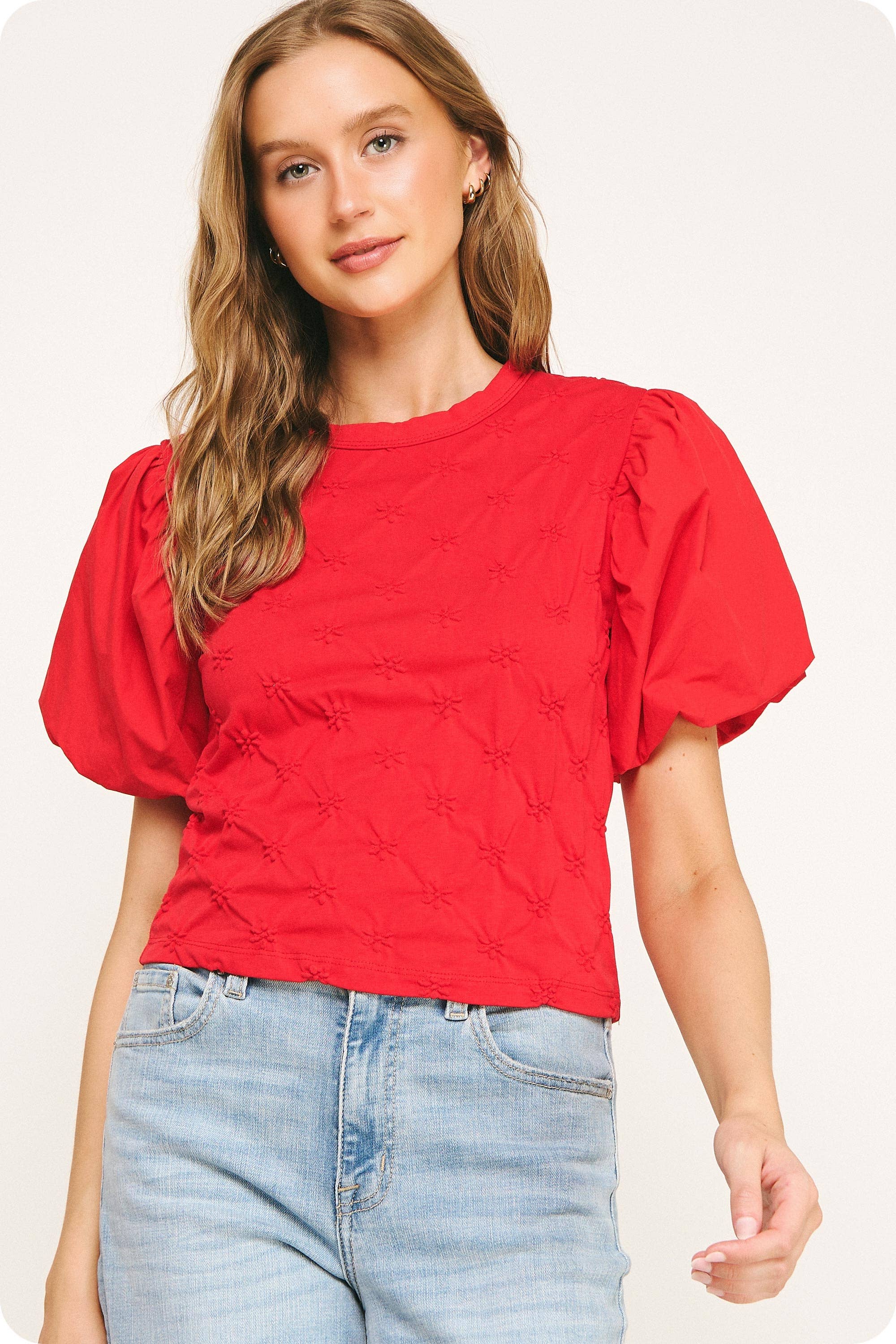 Strut & Bolt - Wholesale Blouse - Women's - Flower Embossed Puff Sleeve Tee Top3