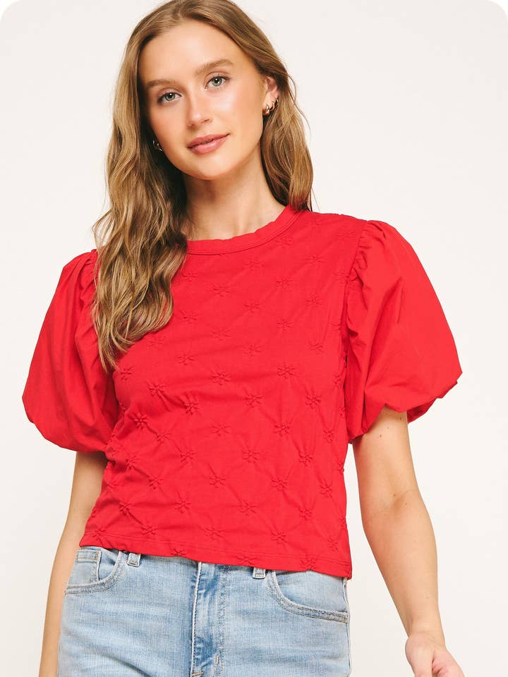 Strut & Bolt - Wholesale Blouse - Women's - Flower Embossed Puff Sleeve Tee Top3