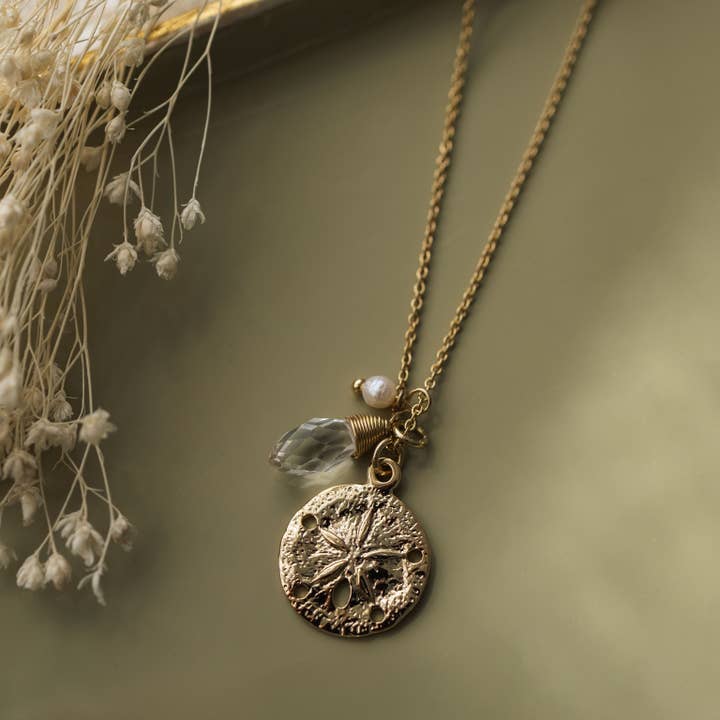 sand dollar necklace-white pearl for wholesale by Wild Abandon Jewelry