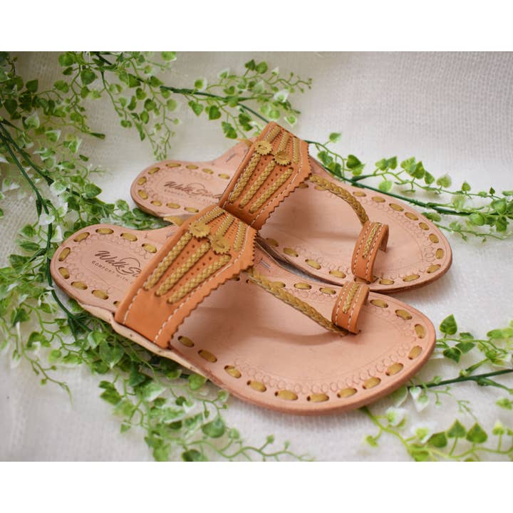 Leather Slip-on Handmade sandals for women- Beige & Gold for wholesale by Raahi Global