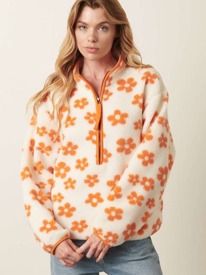mittoshop - Wholesale Sweatshirt - Women's - FLOWER PATTERN FUR ZIP-UP FRONT PULLOVER TOP6