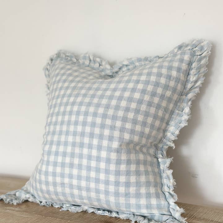 Ellenvale Trade - Wholesale Throw Pillow Cover - Hallie Ruffled Linen Cushion Cover 45x45 – Blue Gingham