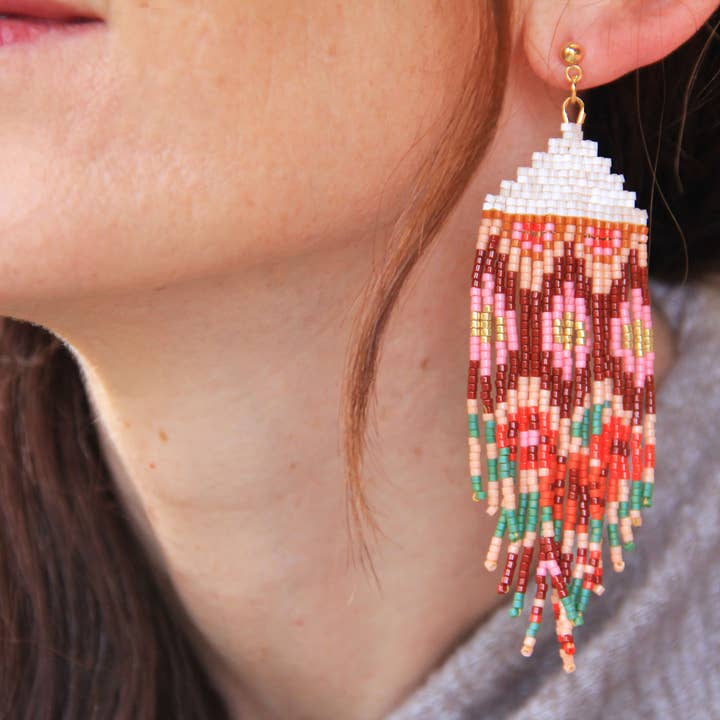 Mayana Designs Co - Wholesale Tassel earrings - Beaded Handwoven Huipil Fringe Earrings (Warmed Earth)