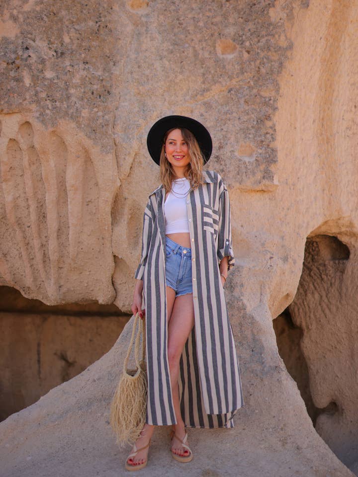 Moa - Wholesale Dress - Women's - Anthracite Striped Long Linen Shirt Dress