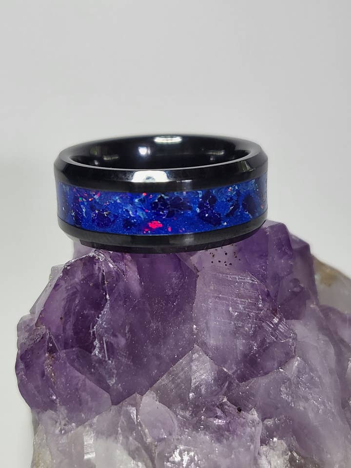 Black Ceramic Ring Azurite White Opal UV Glow Powder for wholesale by Natural Evolution Design