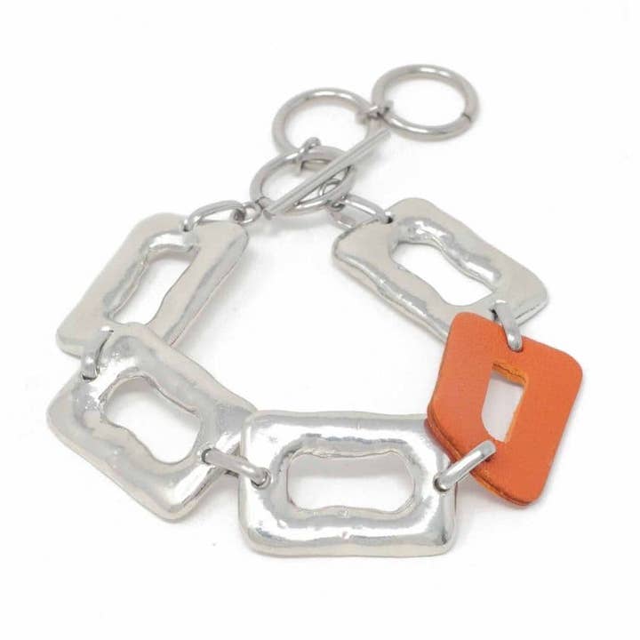 Medium Ring Feature Linked Bracelet Orange Leather Piece for wholesale by Sobo & Co Jewellery