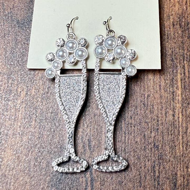 Sparkly Silver Champagne Flute Earrings with Pearls for wholesale by Paco Designs
