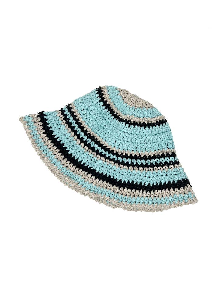 Chapéu de balde de crochê com listras azul claro e preto por atacado de Tétè Accessories