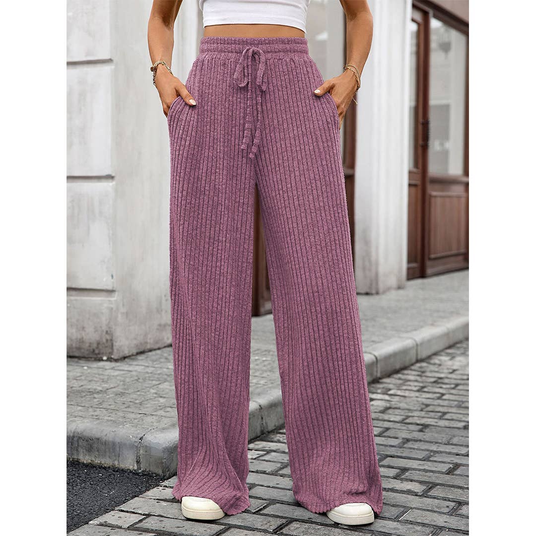 UNISHE - Wholesale Pants - Women's - Solid Drawstring Ribbed Brushed Elastic Waist Pants HLL2839