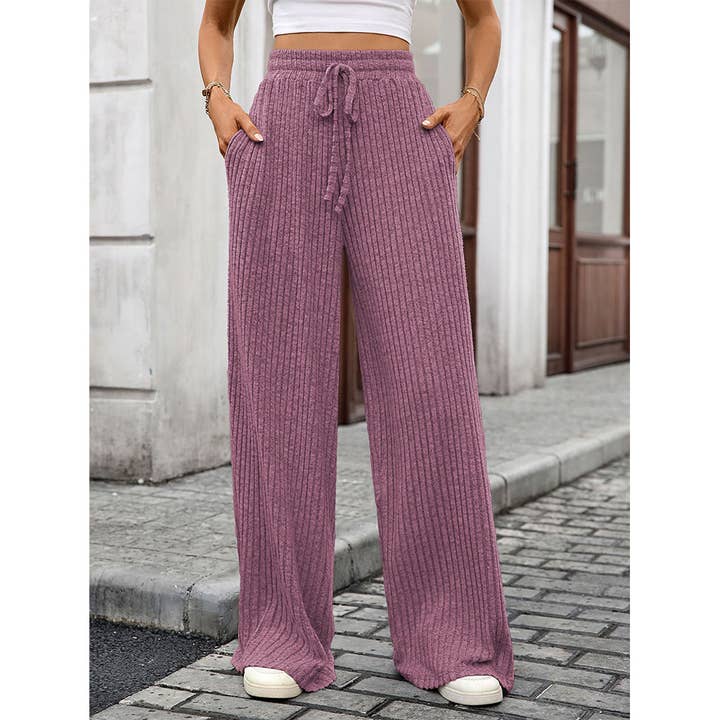 UNISHE - Wholesale Pants - Women's - Solid Drawstring Ribbed Brushed Elastic Waist Pants HLL2839