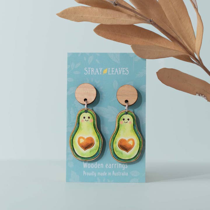 Avocado fruit wooden statement earrings for wholesale by Stray Leaves