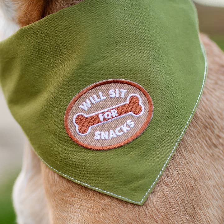Scout's Honour Pty Ltd - Wholesale Pet Bandana - Dog - Will Sit For Snacks iron-on patch for dogs and cats