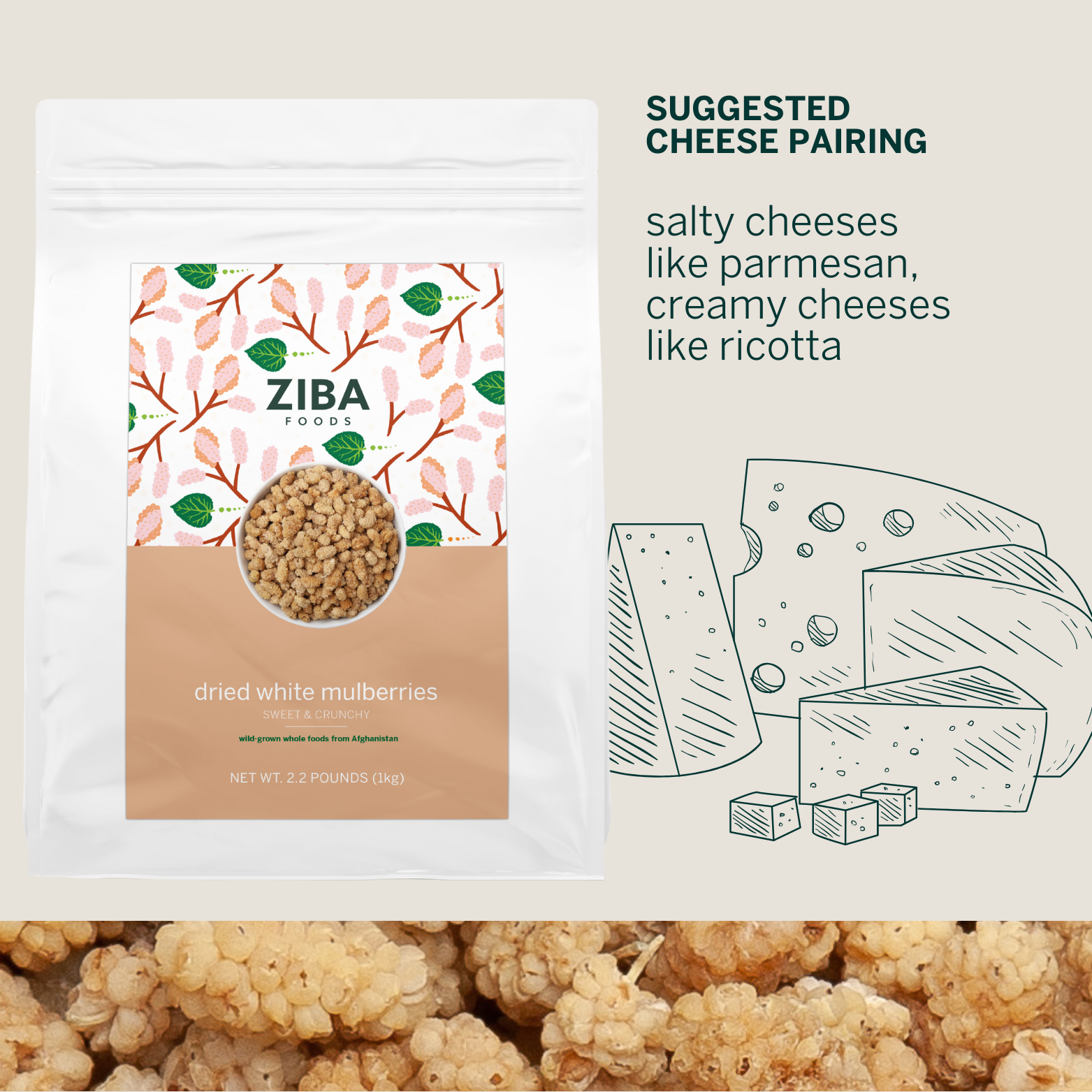 Ziba Foods - Wholesale Dried/Dehydrated Fruit - Dried White Mulberries Bulk, Vegan 1kg6