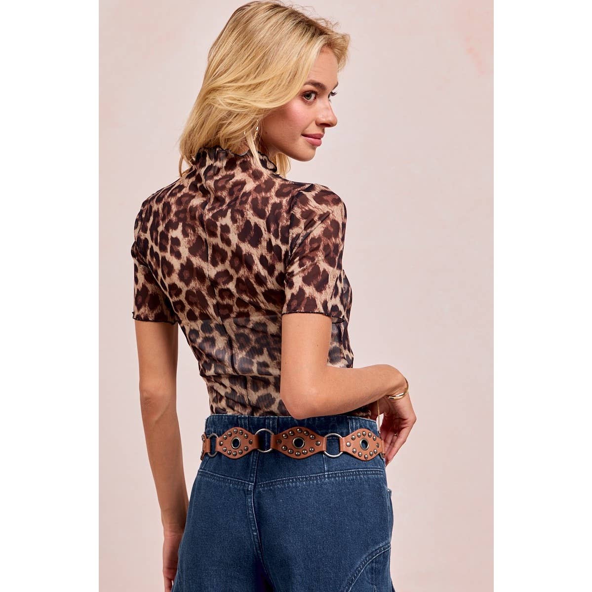 High Neck Leopard Mesh Short Sleeves Top for wholesale on Faire3