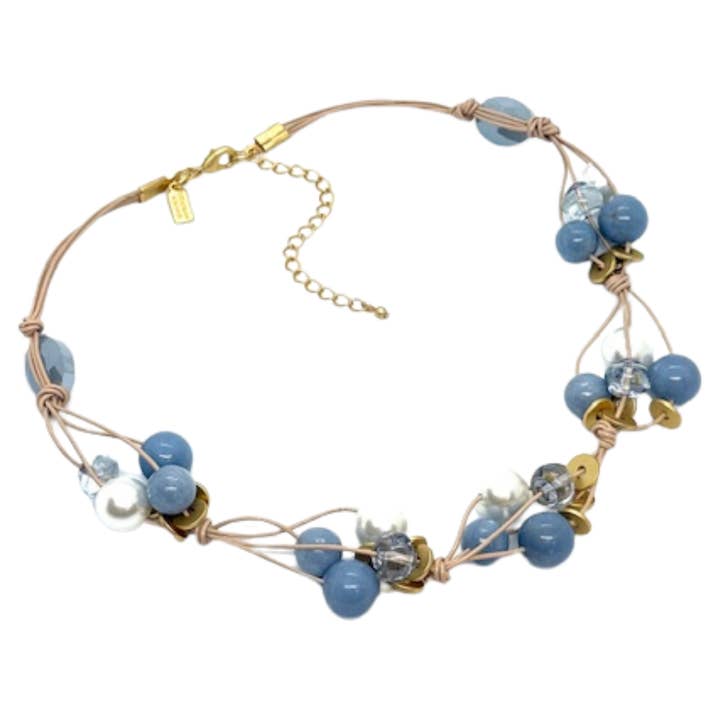Collier Tissé en Angélite Bleue, Perle et Verre Bleu pour la vente par Deborah Grivas Designs
