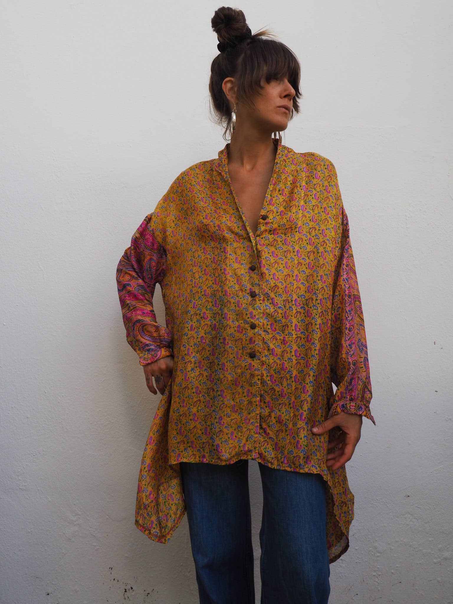 Vagabond Ibiza - Wholesale Button Down Shirt - Women's - The Lucy Long Floaty Shirt Re-cycled sari fabric1