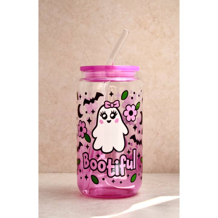 Gobelet en verre rose Bootiful avec paille en verre et couvercle en bambou pour la vente par the cute cloud