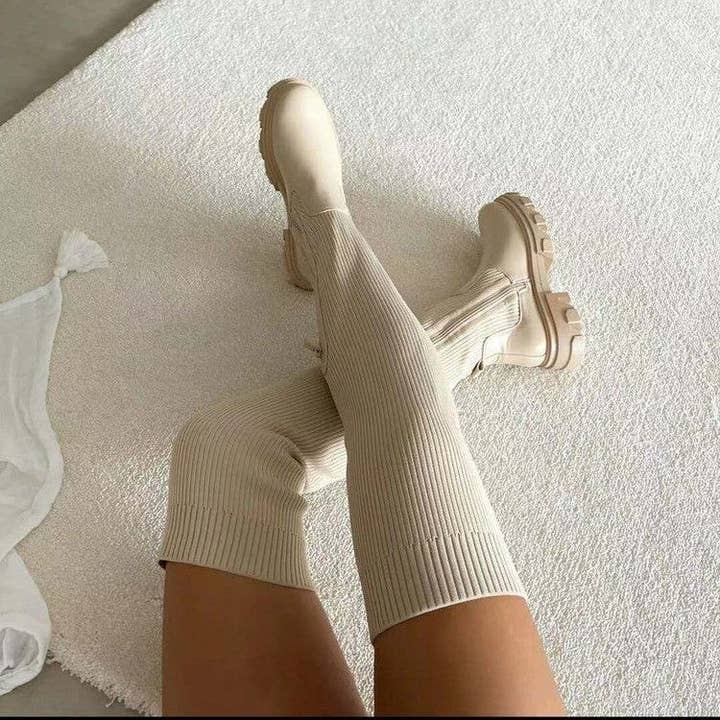 Serene Couture - Vendita all'ingrosso Stivali a calza - Donna - Scarpe autunno-inverno con suola spessa, punta arrotondata, cuciture a maglia sopra il ginocchio, stivali da donna in pelle elasticizzata di lana Flyknit, taglie forti