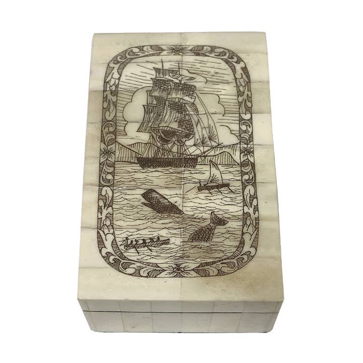 Whaling Adventure Etched Vintage Scrimshaw Bone Box, 5-1/4” for wholesale by Madison Bay Co. - Historical Home Decor Reproductions