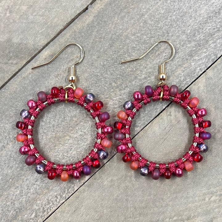 Beaded Hoops - Royal Ruby & Gold for wholesale by HK Macrame Jewelry