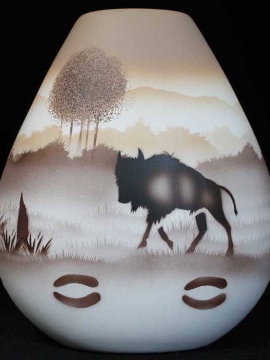 64100 Back Country Tracks Buffalo 8 1/2 x 9 Pillow Vase for wholesale by Cedar Mesa Pottery