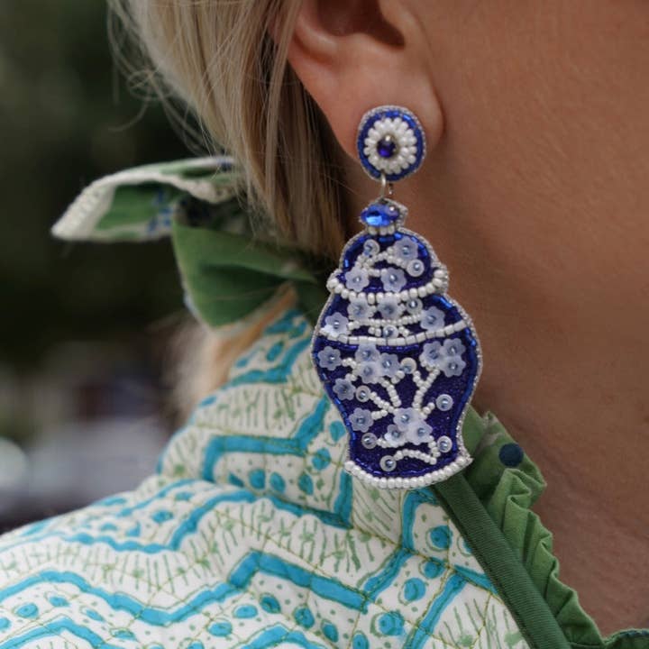 Chinoiserie Ginger Jar Beaded Earrings for wholesale by Rajani Baker