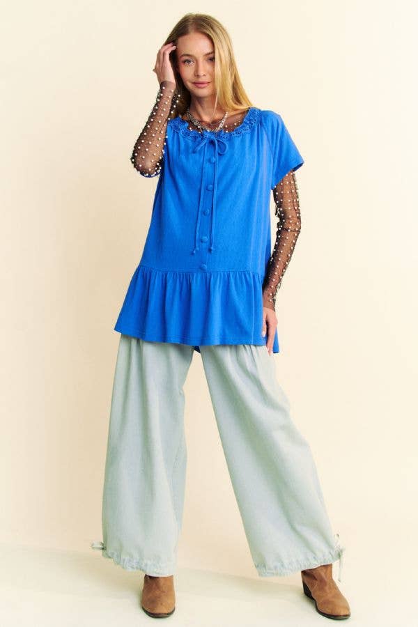 Davi & Dani - Vendita all'ingrosso Maglietta - Donna - TOP PEPLO A MANICHE CORTE CON SCOLLO IN PIZZO TINTA UNITA7