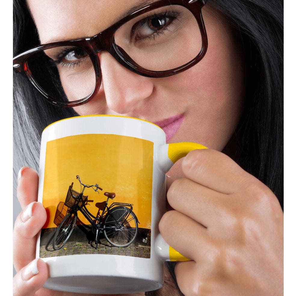 3dRose - Wholesale Coffee Mug - 3dRose, Denmark, Zealand, Copenhagen, yellow building detail with bicycle, Mug1