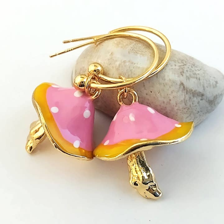 Gold Mushroom Earrings, Nature Earrings, Hoop Earrings for wholesale by Piccadilly Pendants