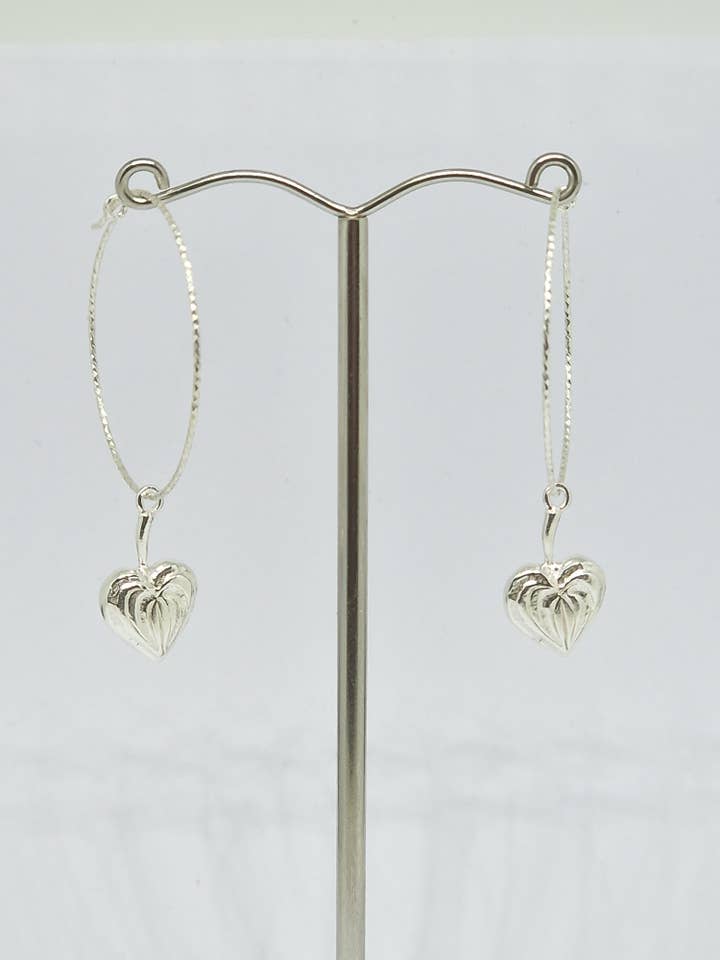 Hanging Heart Hoops/Drops hand made from Sterling Silver for wholesale by Andrew O'Dell Jewellery