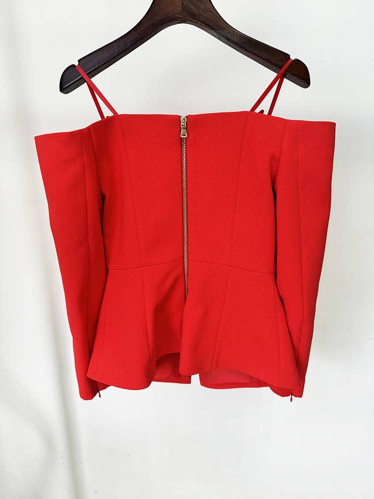 JK109Y Chic Red Off-Shoulder Blazer with Rear Zipper Design for wholesale on Faire3