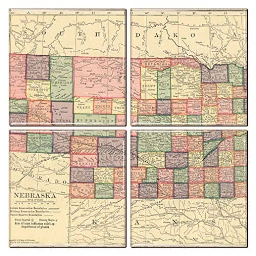 Nebraska Coaster of Vintage Map (Set of 4) for wholesale by City Souvenirs