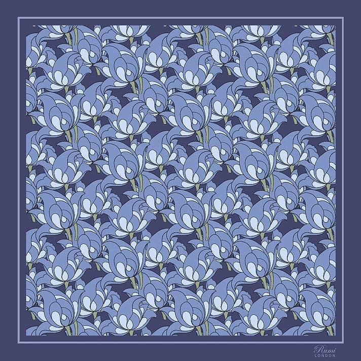 RUMI - Wholesale Scarf - Unisex - Floral Square Silk Twill Scarf - Blue