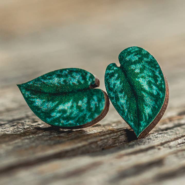 Plant Posse - Wholesale Stud/Post Earrings - Silver Satin Pothos Stud Earrings0
