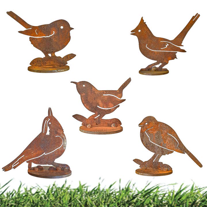Rust/Nat Set of 5 Birds on Base Garden Art for wholesale by California Home & Garden