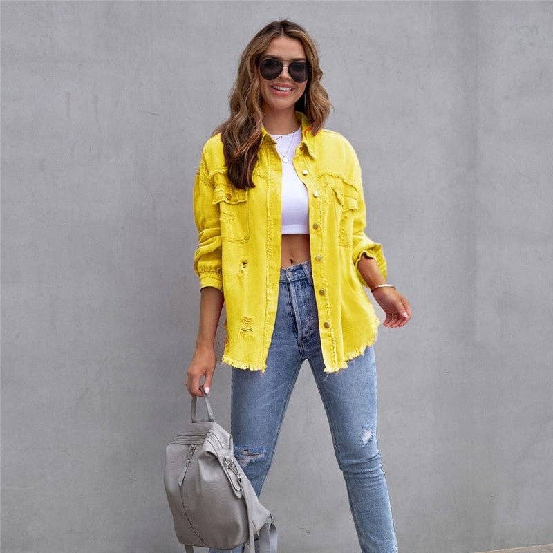 UZ Wholesale Store - Vendita all'ingrosso Giacca di jeans - Donna - Giacca in denim invecchiato tinta unita di media lunghezza0