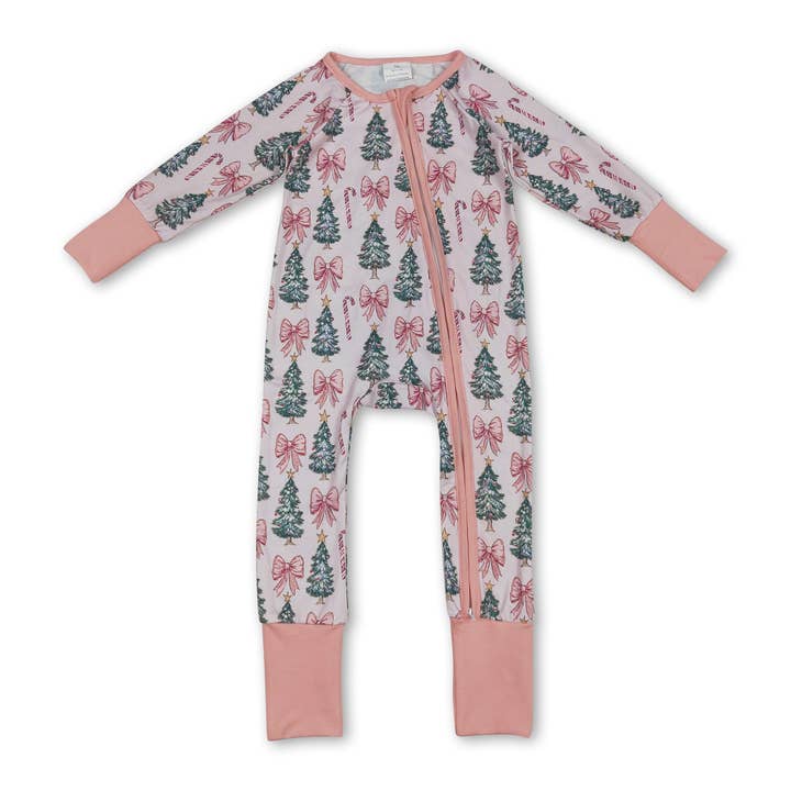 Pink bow candy cane Christmas tree girls zipper romper for wholesale by Yawoo Garments