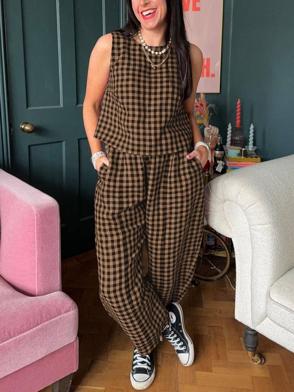 Rosa Clothing - Wholesale Lounge Set - Women's - Gingham Tank Tops Plaid Print Wide Leg Pants Set5