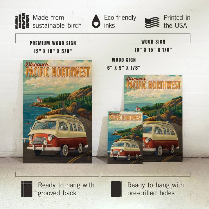 Lantern Press - Wholesale Wood Wall Art - PREMIUM WOOD SIGN Pacific Northwest, LP Camper Van