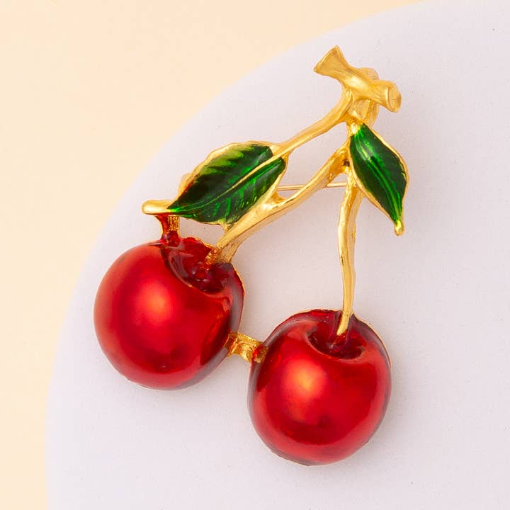 Cherry Brooch Pin with Leaf Detail in Gold for wholesale by SP Sophia Collection