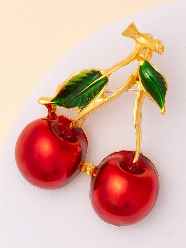Cherry Brooch Pin with Leaf Detail in Gold for wholesale by SP Sophia Collection