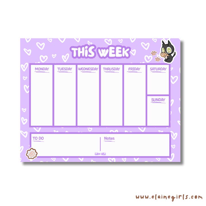 Notepad 11 x 8.5 | Weekly Planner | Lilac Purple Hearts for wholesale by Elaine Girls