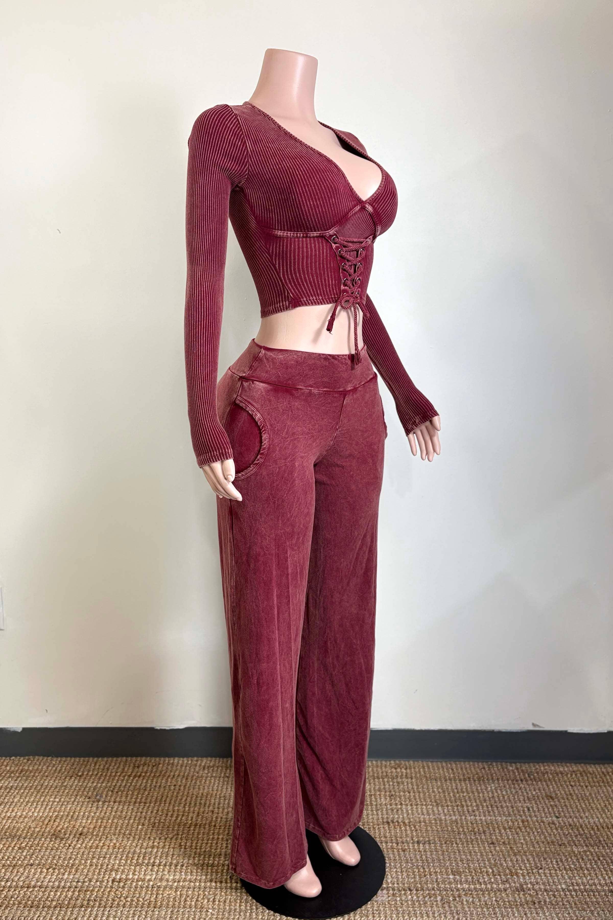 Dalia Studio - Wholesale Lounge Set - Women's - MINERAL WASH FRONT LACED TOP & LOUNGE PANT SET1