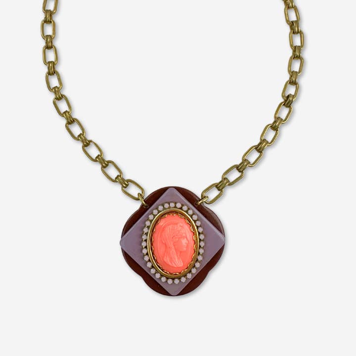 Lulu’s Petals - Wholesale Pendant/Charm Necklace - Coral, lavender, and chocolate refashioned vintage large layered cameo pendant necklace