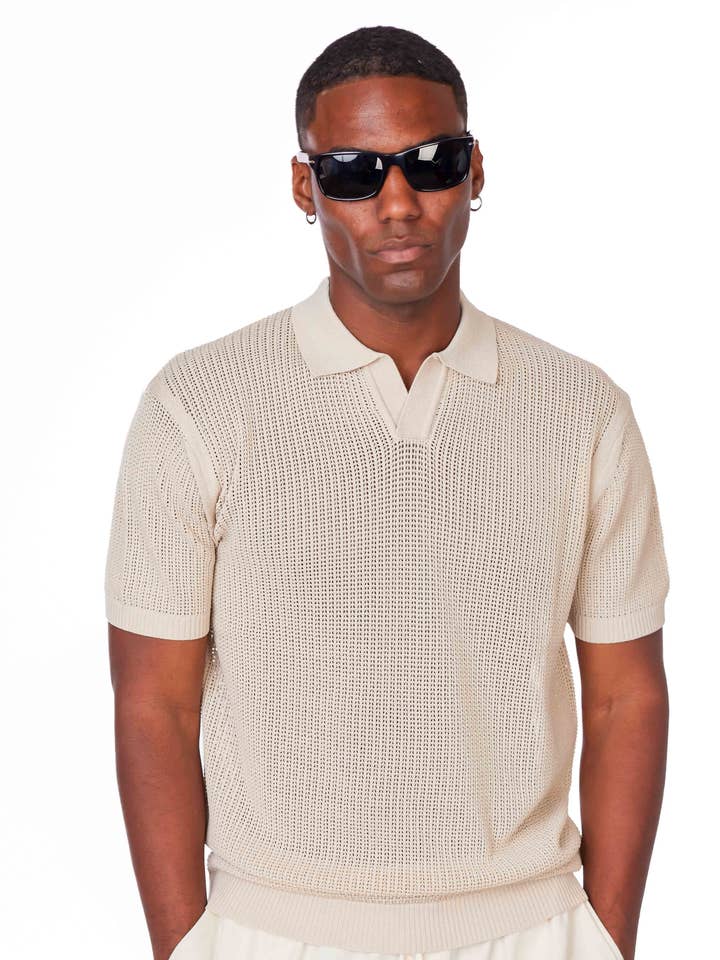 S Beige Men's Textured Polo Shirt for wholesale on Faire