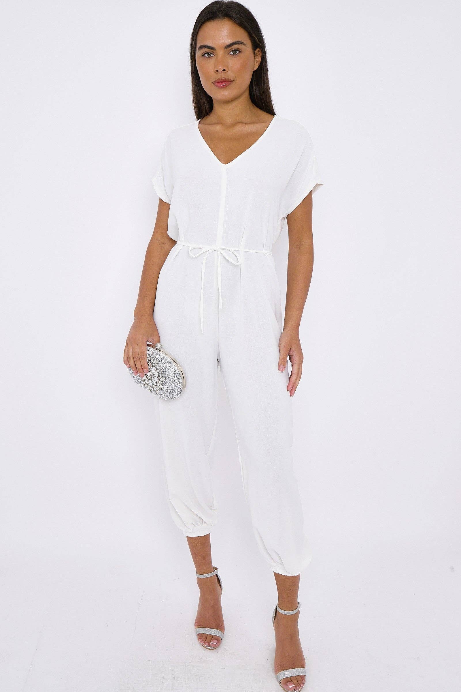 Aftershock London – wholesale Jumpsuit – Women's – White V-Neck Belted Jumpsuit1